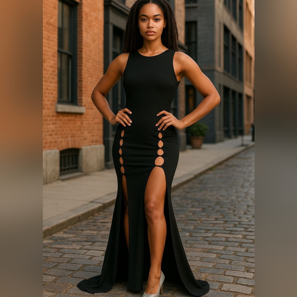 Windsor Black Bodycon Maxi Dress with Crew Neck and Slit